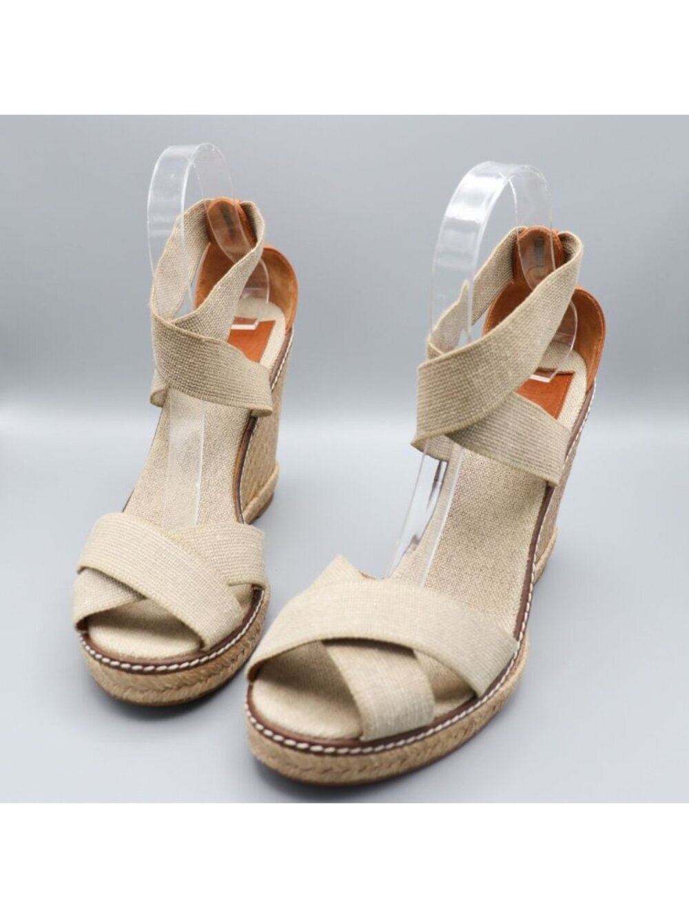Tory Burch Frieda Platform Wedge Espadrille Sandals Beige Elastic Straps 9.5 B - Picture 5 of 16